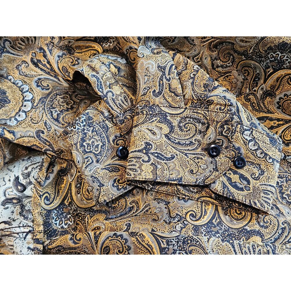 Barry Wang Mens 2XL Gold Black Paisley Silk Blend Button Front Dress Shirt - Picture 6 of 10